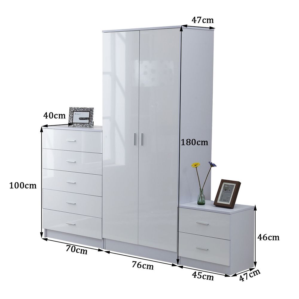 Tall White High Gloss Wardrobes 3Pc Chest Nightstand 7 Drawer - Elegance
