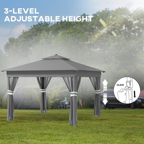 3x3(m) Pop Up Gazebo w/ Solar-Powered LED Lights Curtain Netting Grey