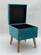 Velvet Footrest Trunk - Blue - Storage Compartment, Wooden Legs