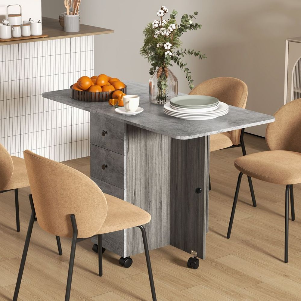 Folding Dining Table, Drop Leaf Table With Storage Drawers Grey Marble