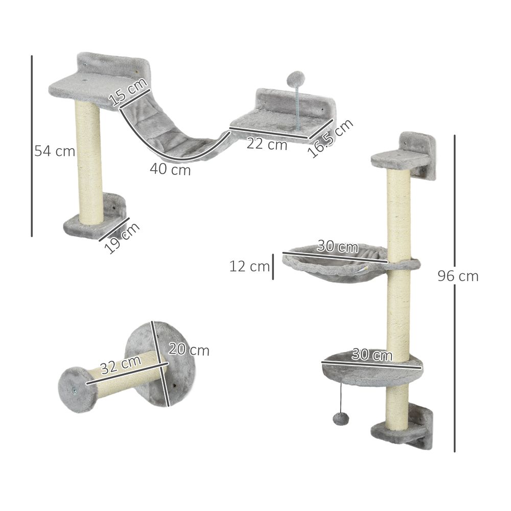 Cat Wall Furniture, Hammock, Perches, Ladder, Scratching Post, Grey