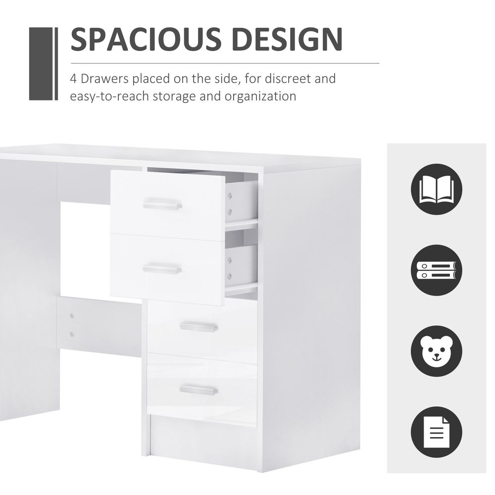 High Gloss 4-Drawer Vanity Desk - White. for Home Office & Study. Spacious Storage & Stylish Design!