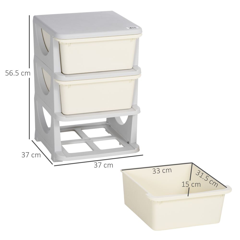 Kids Storage Units with 3 Drawers 3 Tier Chest Vertical Dresser Tower Toy Organizer for Nursery Playroom Kindergarten Cream