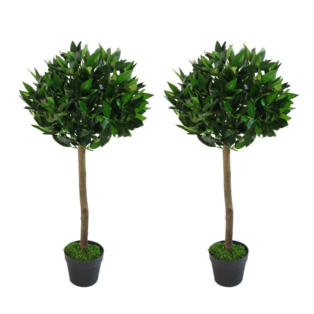 Pair of 90cm (3ft) Plain Stem Artificial Topiary Bay Laurel Ball Trees with Bushes Detail