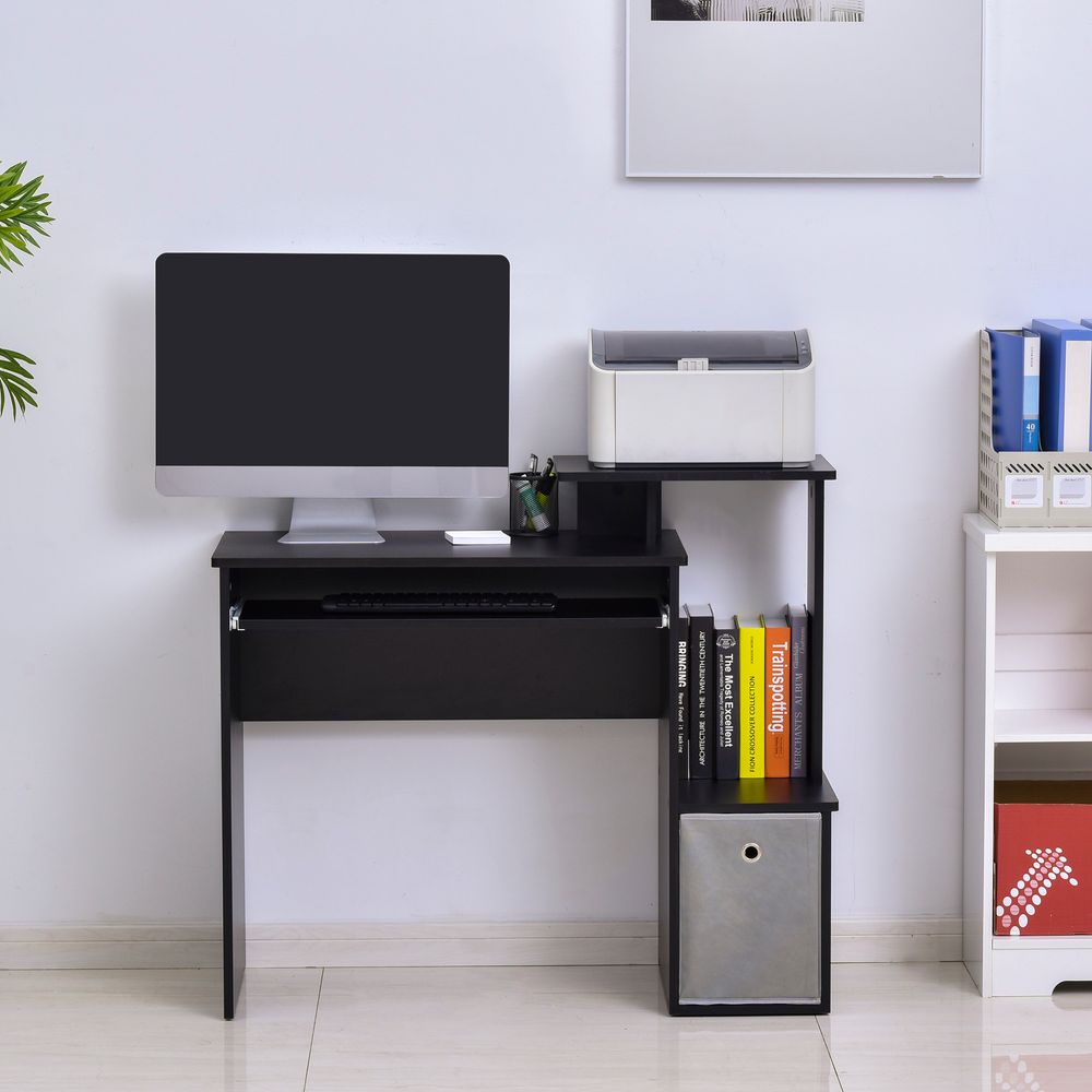 Black Computer Desk with Sliding Keyboard Tray & Storage Drawer - Unique Design