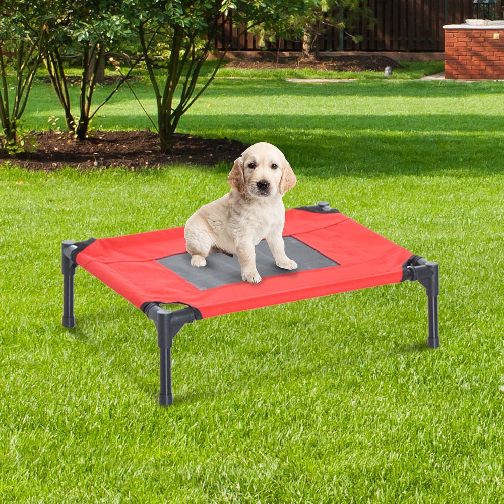 Elevated Pet Bed Portable Camping Raised Dog Bed w/ Metal Frame Black and Red (Small)