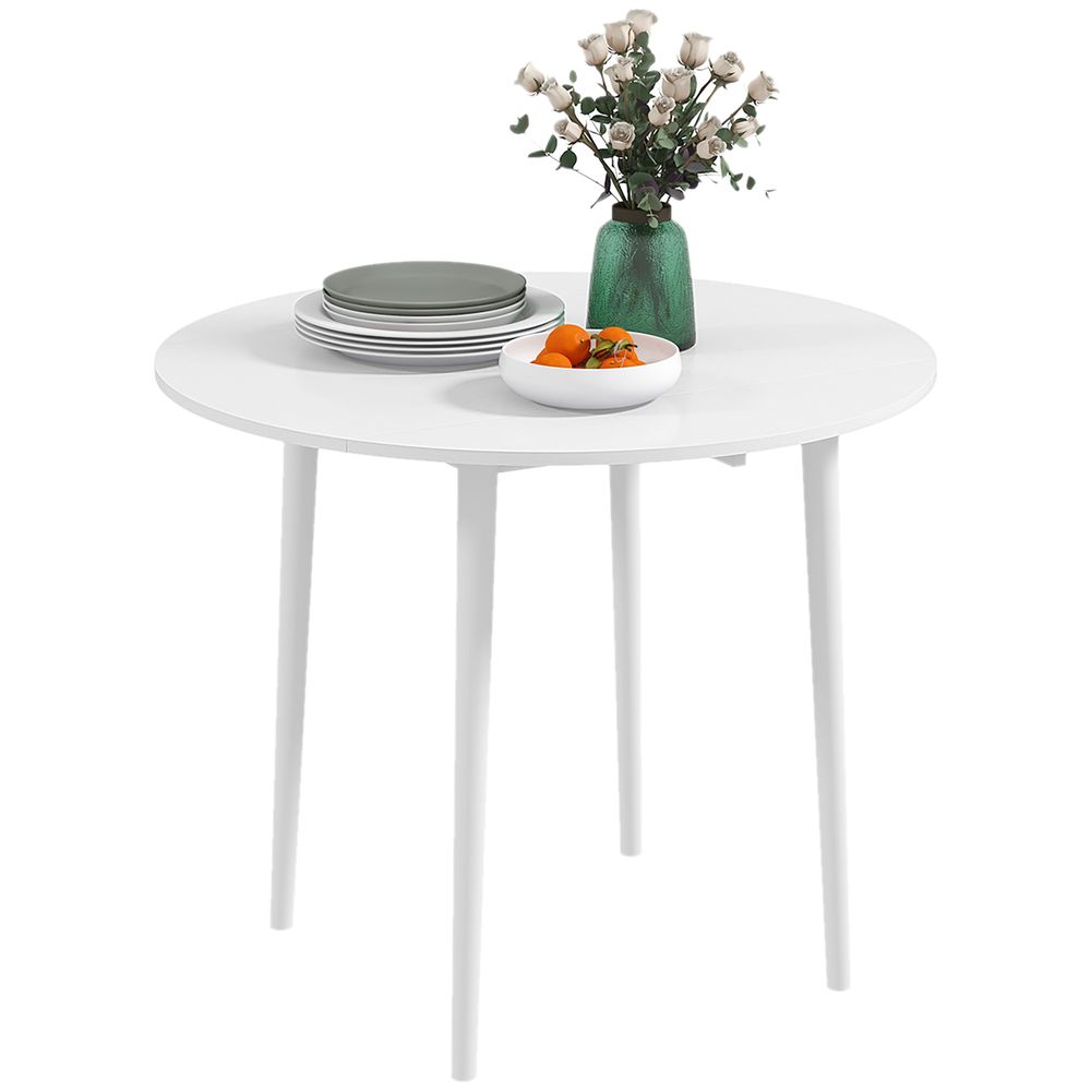 Foldable Dining Table, Round Drop Leaf Table with Wood Legs White