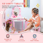 Kids Vanity Set w/ Mirror, Drawer, Cute Patterns, for Girls - Pink