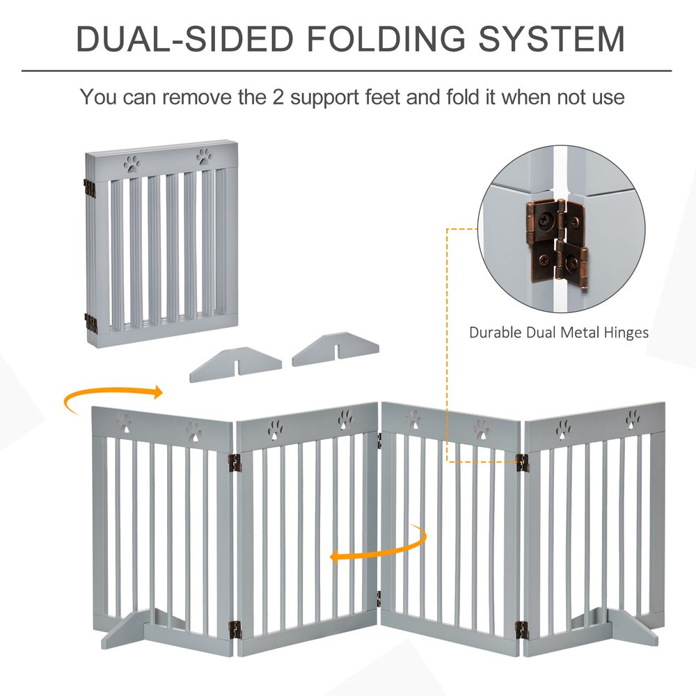Dog Barrier 4-Piece 204 x 61 cm Foldable Door Safety Gate with 2 Support Feet, Freestanding Dog Gate, Wooden Stair Gate for Hallway, Stairs, Light Grey