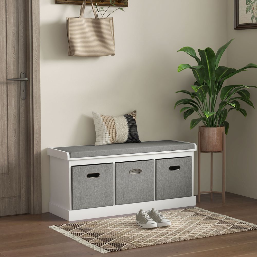 Shoe Bench with Cushioned Seat, 3 Fabric Drawers for Entryway Hallway