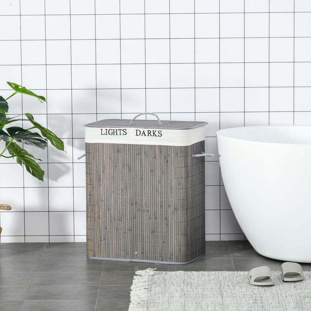 100L Bamboo Laundry Basket with Flip Lid Foldable, Grey Lining