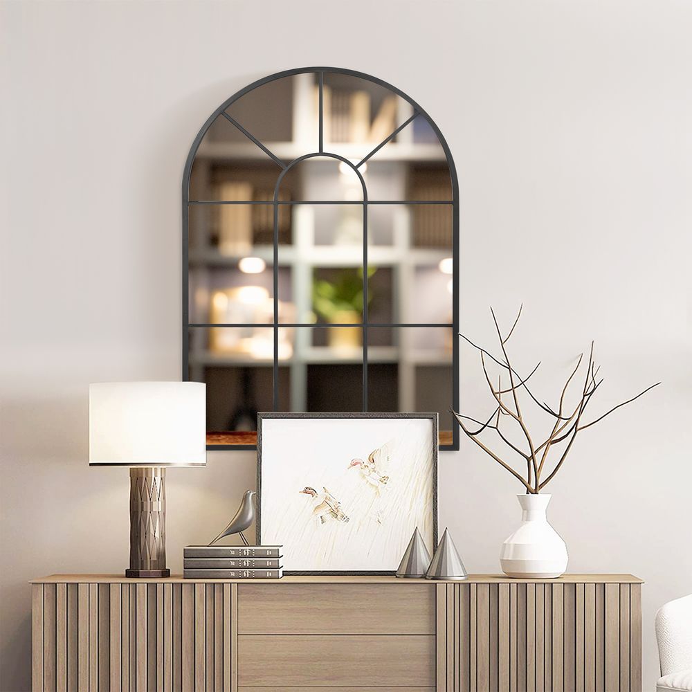 Modern Arched Window Wall Mirror for Living Room Bedroom, 91x60cm, Black