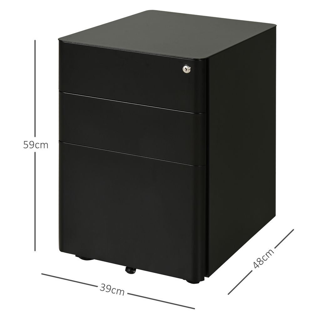 3 Draw Metal Filing Cabinet Lockable 4 Wheel Compact Under Desk Black