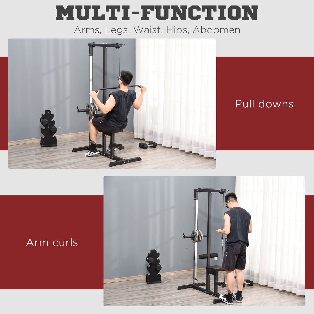 Lat Pull Down Machine with Extra Pulley for Seated Rows, Cable Pulley System with Adjustable Seat for Home Gym