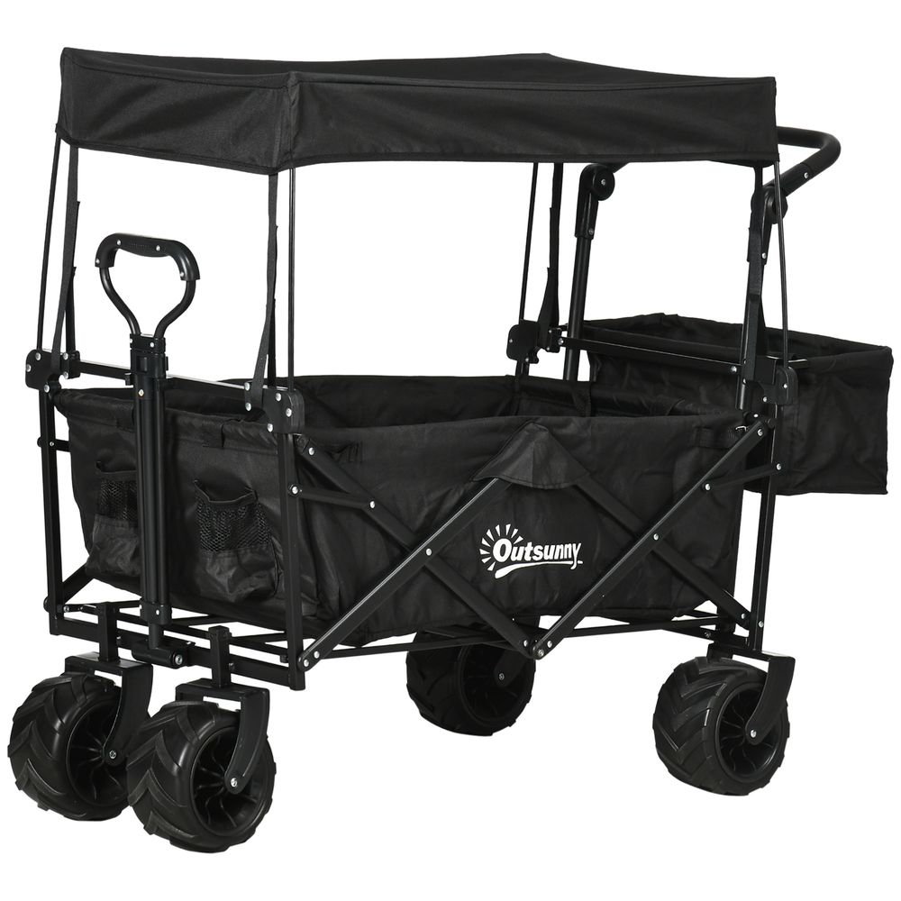 Foldable Trolley Cart w/ 4 Wheels, 2 Compartments, Canopy - Black