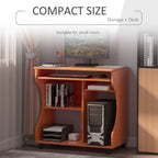 Portable Computer Desk with Storage Shelf - Wheels - Cherry Wood