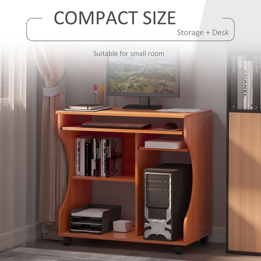 Portable Computer Desk with Storage Shelf - Wheels - Cherry Wood