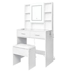White, hemp surface particle board with triamine, 2 drawers and 4 shelves, dressing table set, LED three-color dimming touch mirror, with power strip, hair dryer holder, glass table top