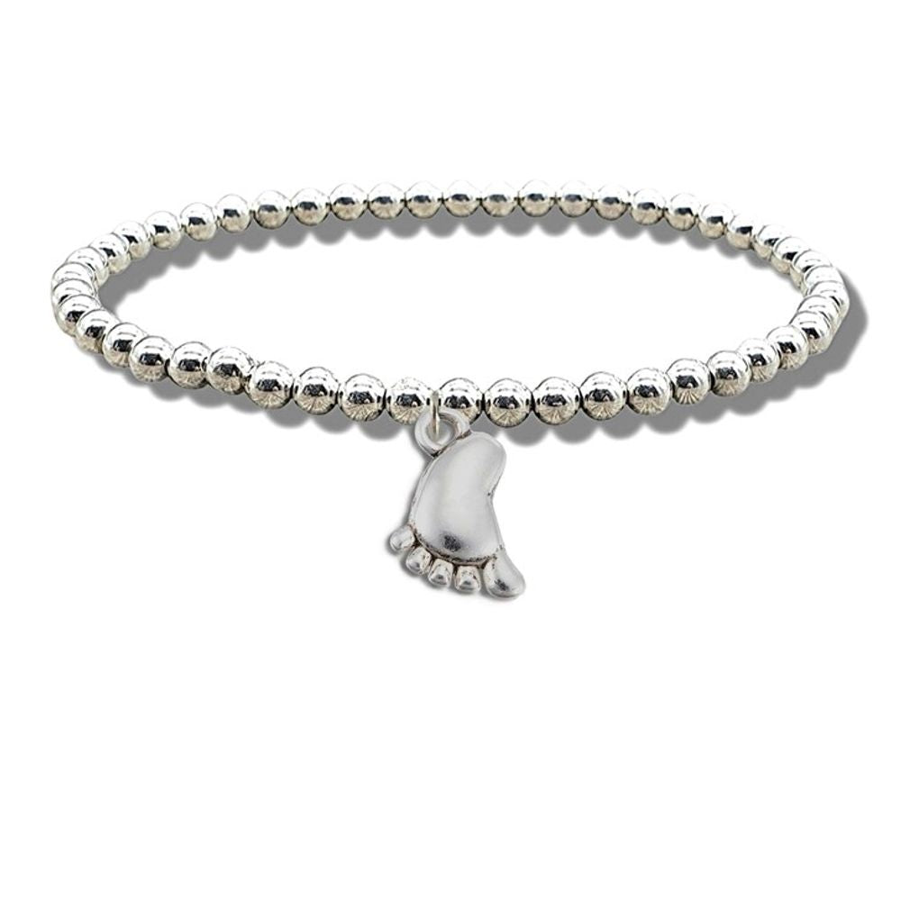 Baby Foot Silver Beaded Bracelet - Gift for New Baby, Mom, Aunt, or Grandma - Silver Plated - 6-8 inches - Free Gift Box