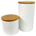 Set of Two Ceramic Jars Embossed Cream Canisters with Lids