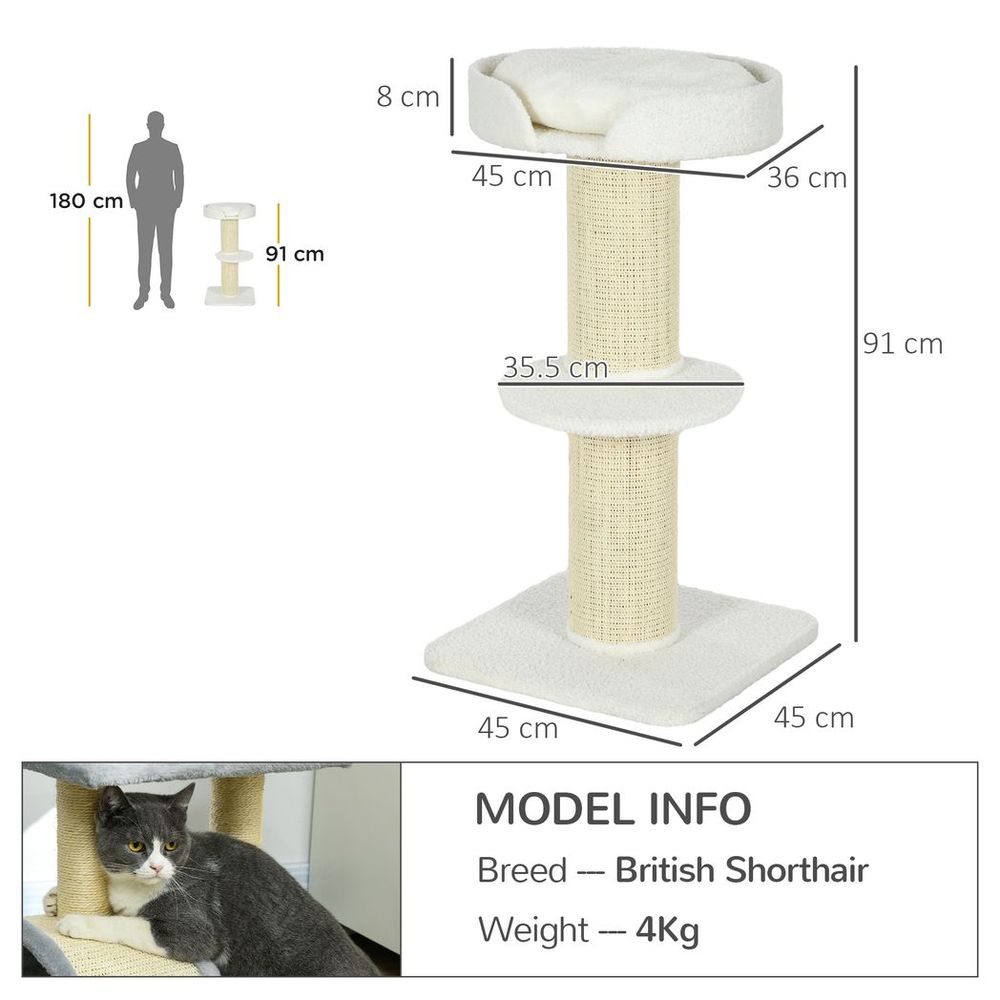 2 Tier Cat Resting Tree - Top Basket Cushion, Sisal Post - Cream White