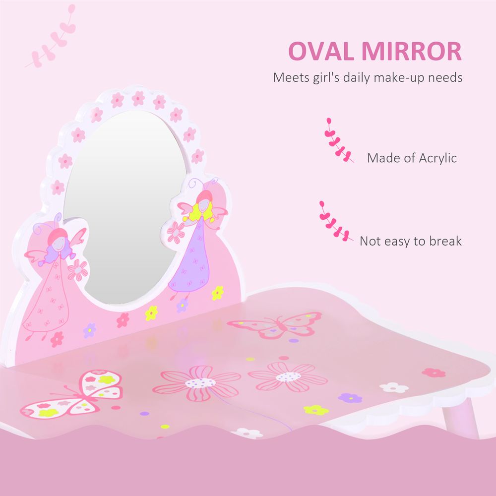 Kids Dressing Table Girls Pink Wooden Kids Dressing Table & Stool Make Up Desk Chair Toys Fairy Dresser Play Set w/Mirror