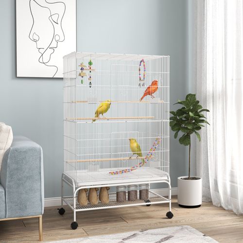 Bird Cage with Stand, Wheels, Toys, for Budgies, Finches, White