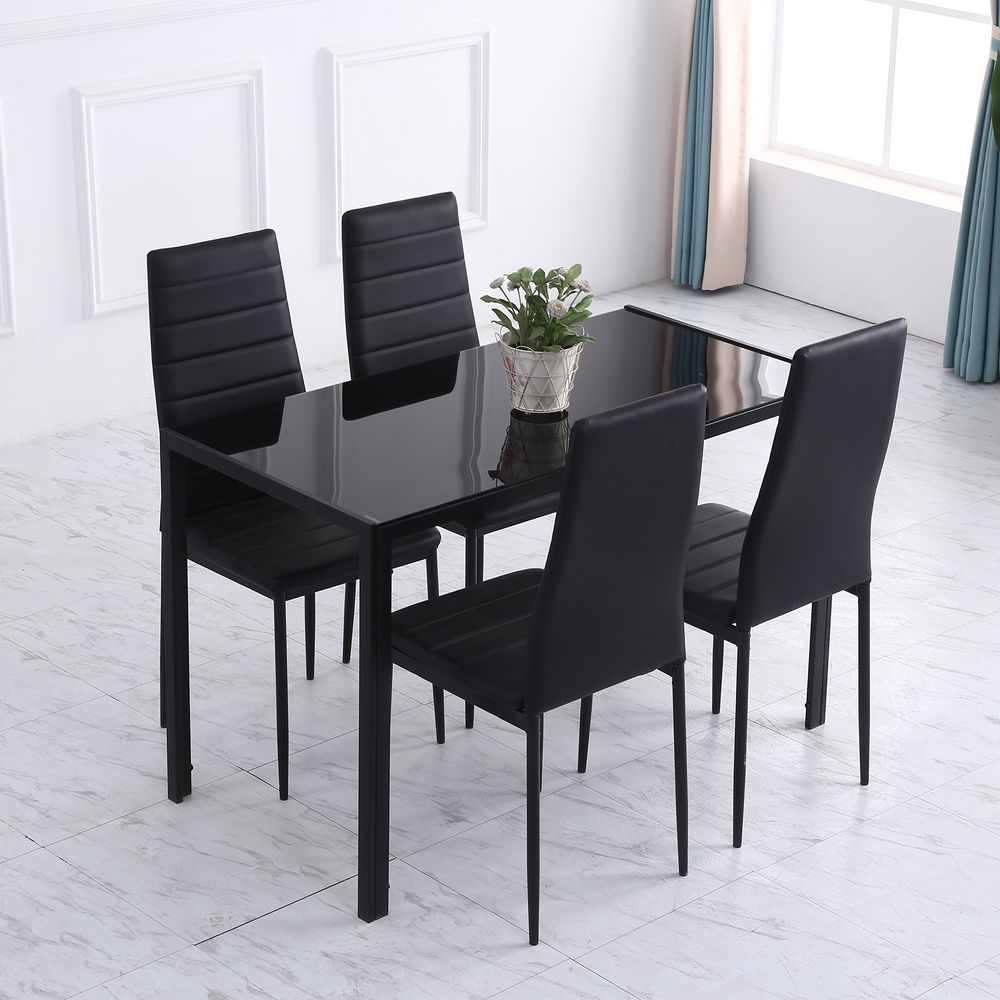 Dining Table for 4 People, Modern Rectangular Kitchen Table with Tempered Glass Tabletop and Steel Legs for Dining Room, Black
