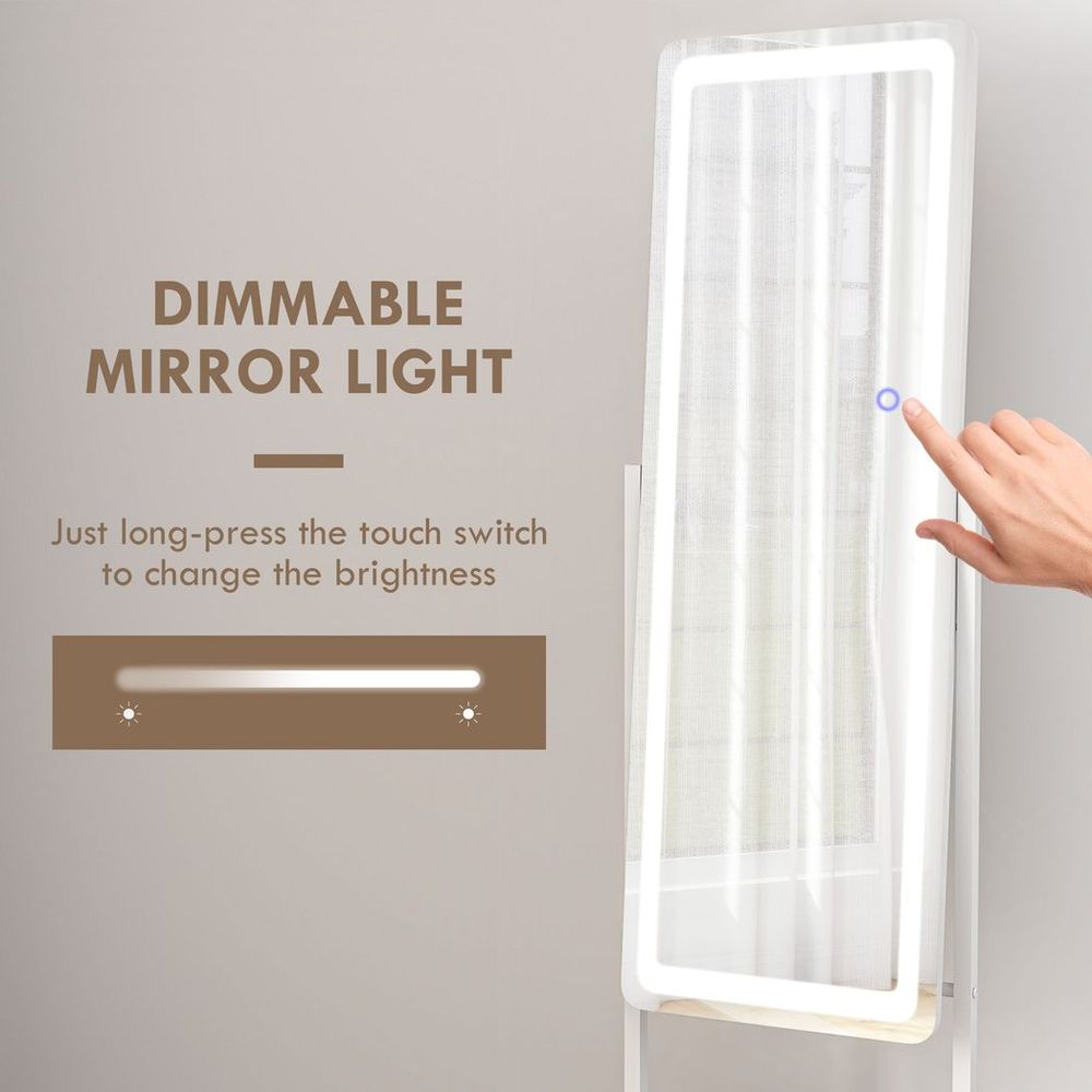 LED Lighted Full Length Mirror, Floor Standing Mirror with Storage Shelf