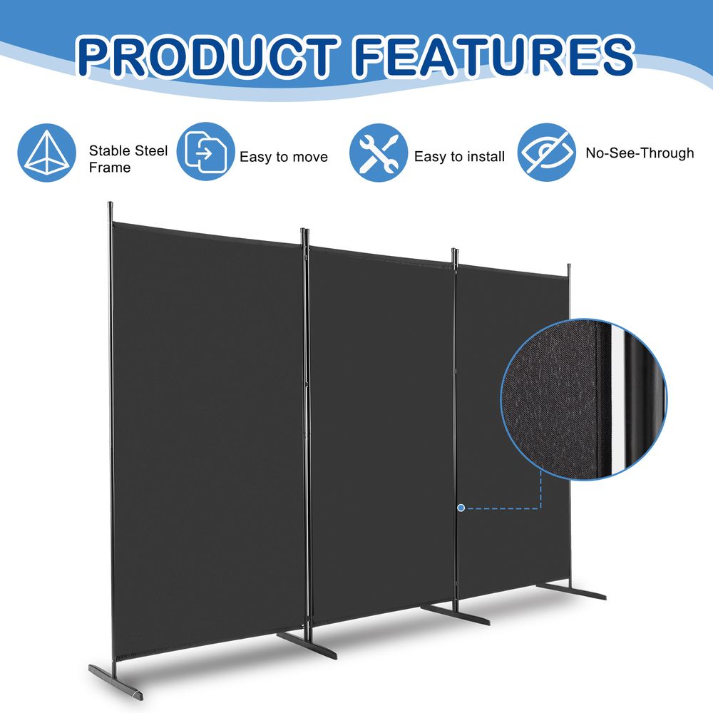 Steel Frame Folding Screen - Black, 3 Panels