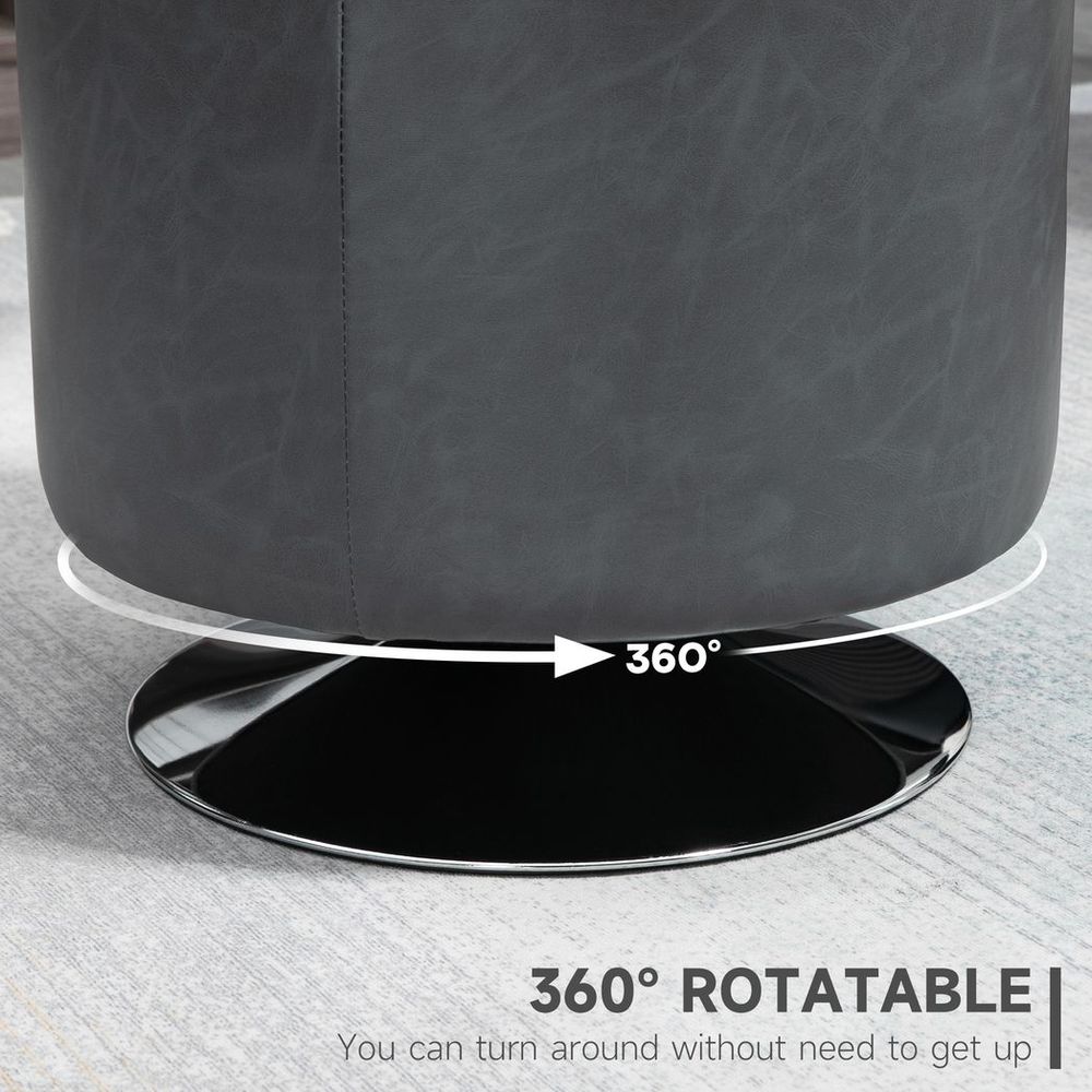 360 Swivel Foot Stool Ottoman, Grey - Thick Padding, Steel Base - PU Leather