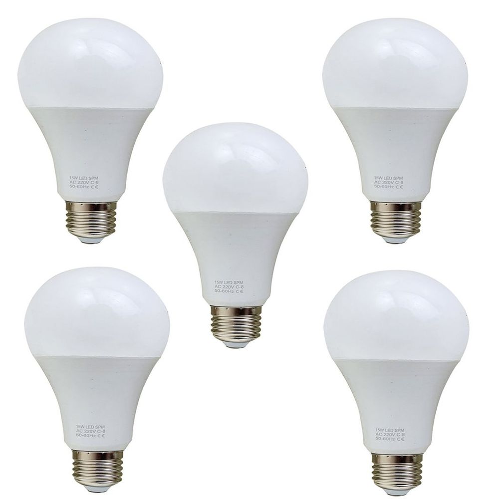 E27 15W Energy Saving Warm White LED Light Bulbs A60 E27 Screw-in non dimmable bulbs with Features Detail Pack 5