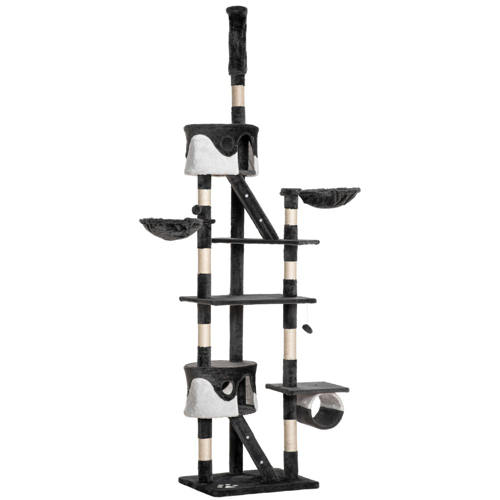 Floor to Ceiling Cat Tree, 240-260cm Adjustable Height Cat Tower with Scratching Posts, Cat Houses, Ramps, Hammocks, Toy Balls, Tunnel for Indoor Cats - Black