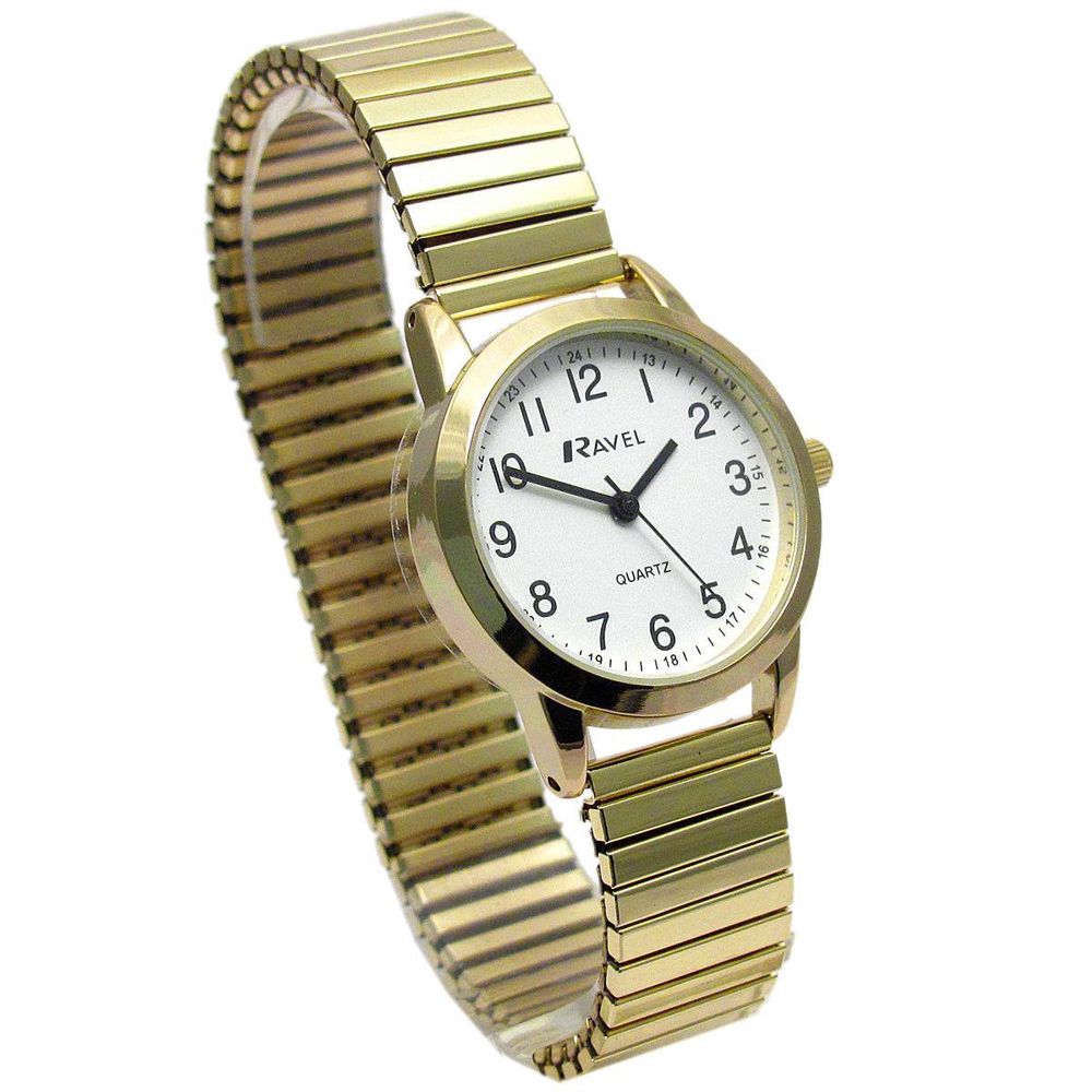 Ladies Bold Number White Dial Gold Expander Bracelet Watch