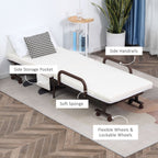 Folding Bed with Mattress, Single Guest Bed, Portable Fold Bed with Adjustable Backrest, Metal Frame on Wheels, White, 190 x 76 cm