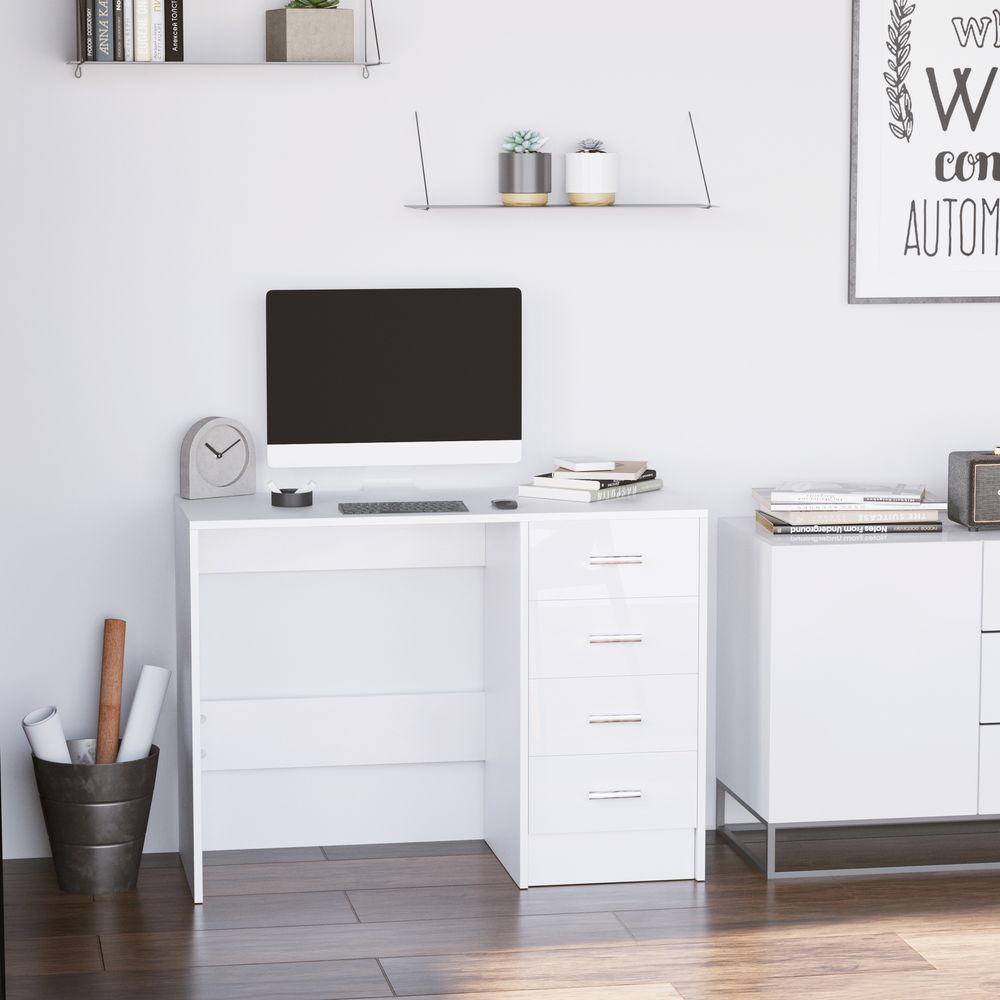 High Gloss 4-Drawer Vanity Desk - White. for Home Office & Study. Spacious Storage & Stylish Design!