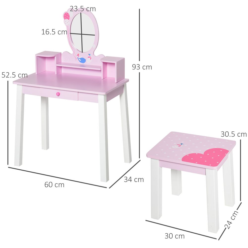 Kids Dressing Table Set w/ Storage & Mirror - Pink