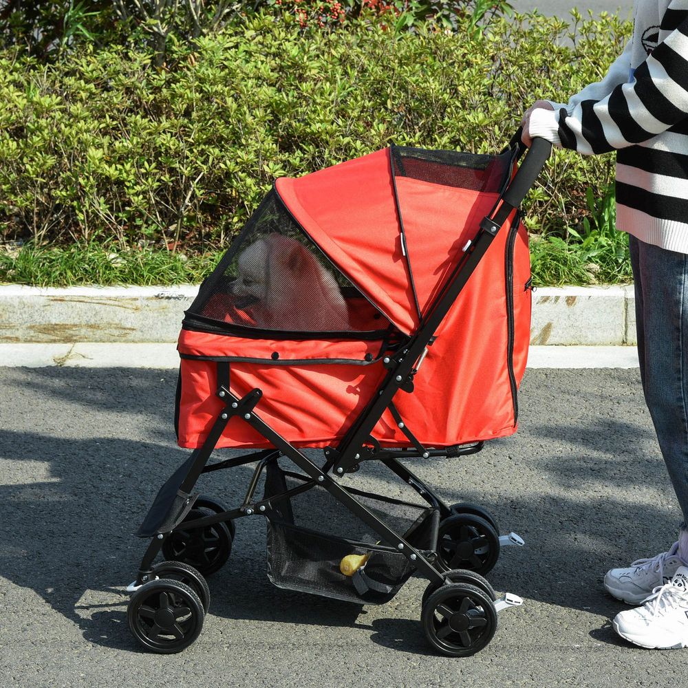 Dog Stroller, Pet Stroller, Foldable Dog Cat Travel Pushchair with Reversible Handle, EVA Wheels, Brake, Basket, Adjustable Canopy, Safety Leash, for Small Dogs, Red