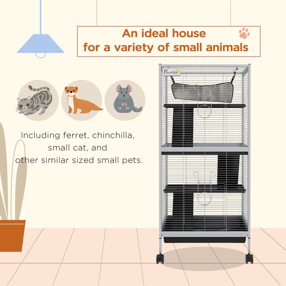 Rolling Small Animal Cage for Chinchillas Ferrets Kittens W/ Ramp Grey