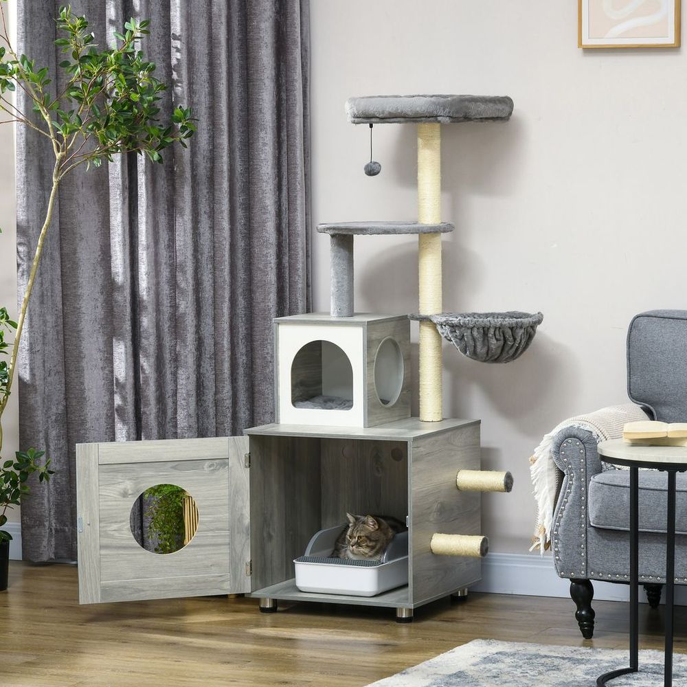 Cat Litter Box Enclosure + House + Bed + Scratching Posts + Platform