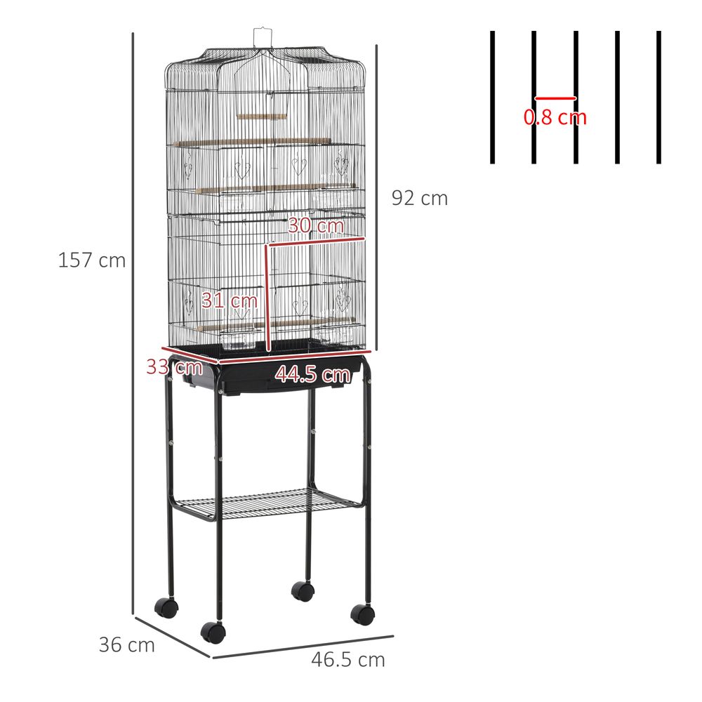 Bird Cage Budgie Cages for Finch Canary Parakeet with Stand Wheels Slide-out Tray Accessories Storage Shelf, Black 46.5 x 36 x 157 cm