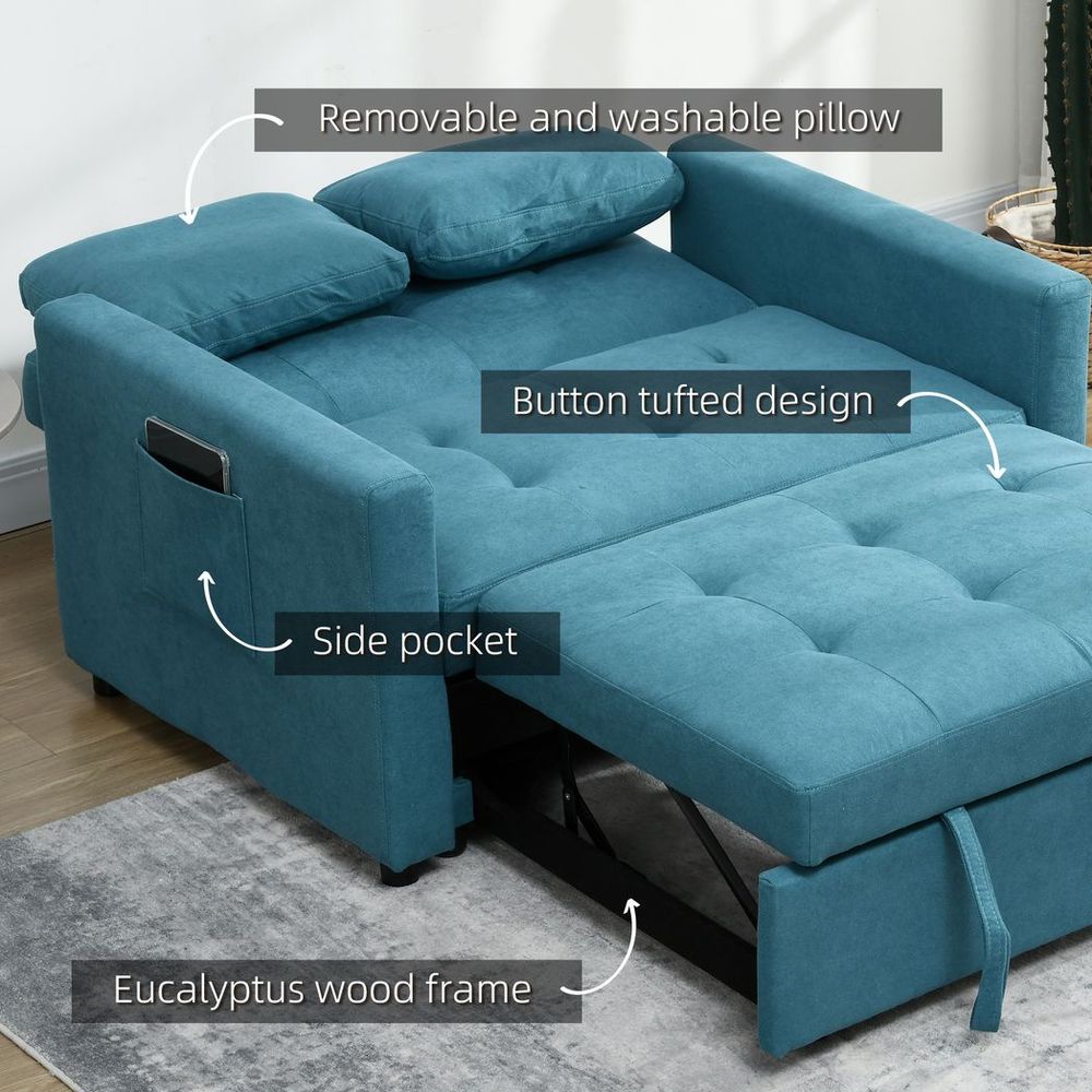 2 Seater Sofa Bed Settee - Blue, Convertible, Cushions, Pockets