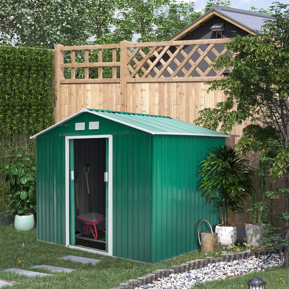 Green Metal Garden Shed - 9x6ft Storage Container w/ Door & Roof - Buy Now!