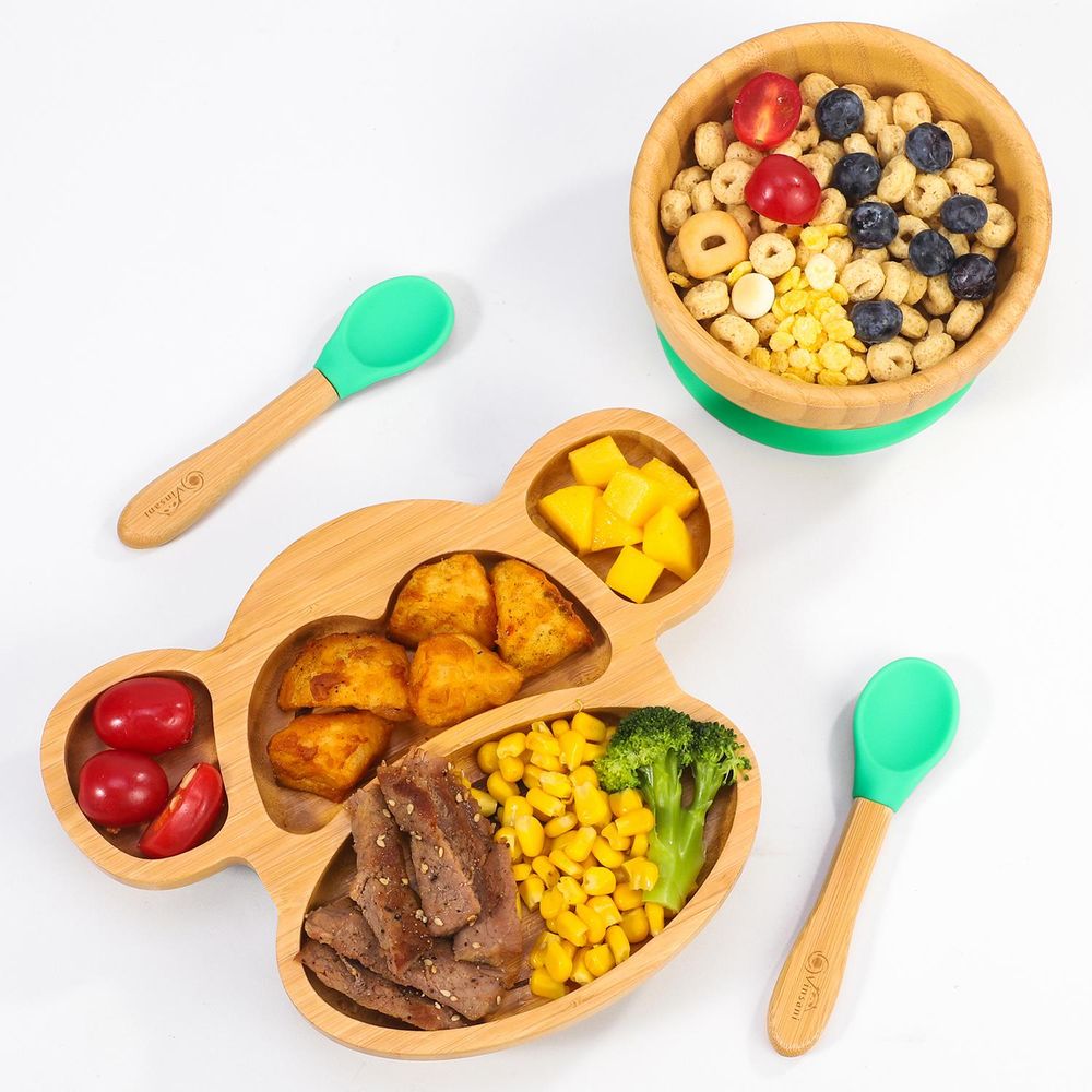 Bamboo Monkey Plate Set - 4-Sectioned Plate, Bowl, & Spoon - Non-slip Base - Food-Grade Silicone - Easy to Clean Green