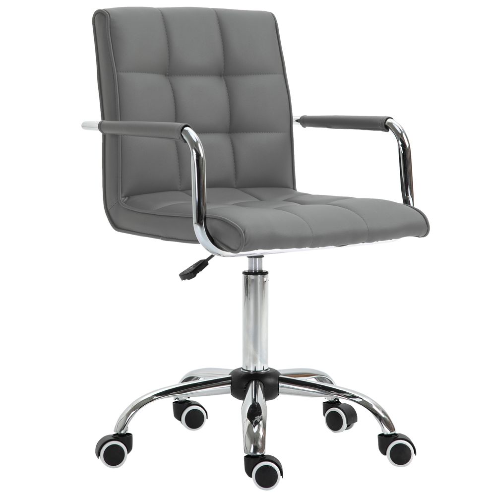 Comfortable Mid Back Swivel Home Office Chair - Grey PU Leather, Arm & Wheel