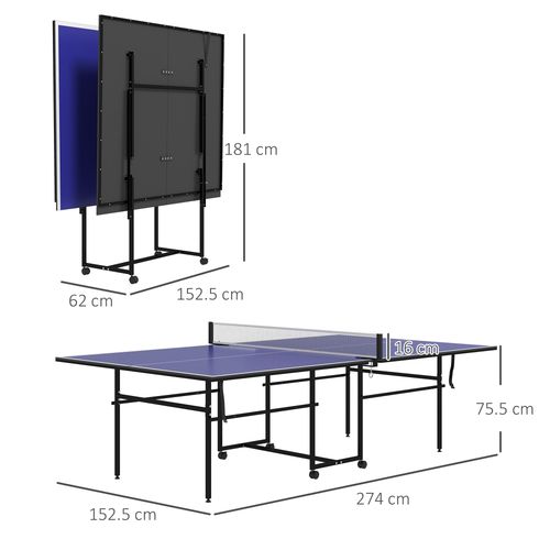 9FT Folding Table Tennis Table w/ 4 Wheels, for Indoors, Blue