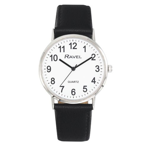 Mens Classic Big White Dial Black Leather Strap Watch