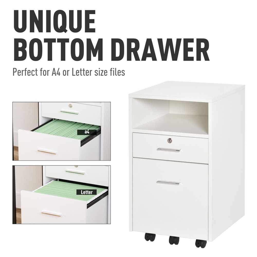 Mobile File Cabinet Lockable Storage Unit Cupboard for A4 Letter Home Filing Furniture for Office, Bedroom and Living Room, 39x40x65cm, White
