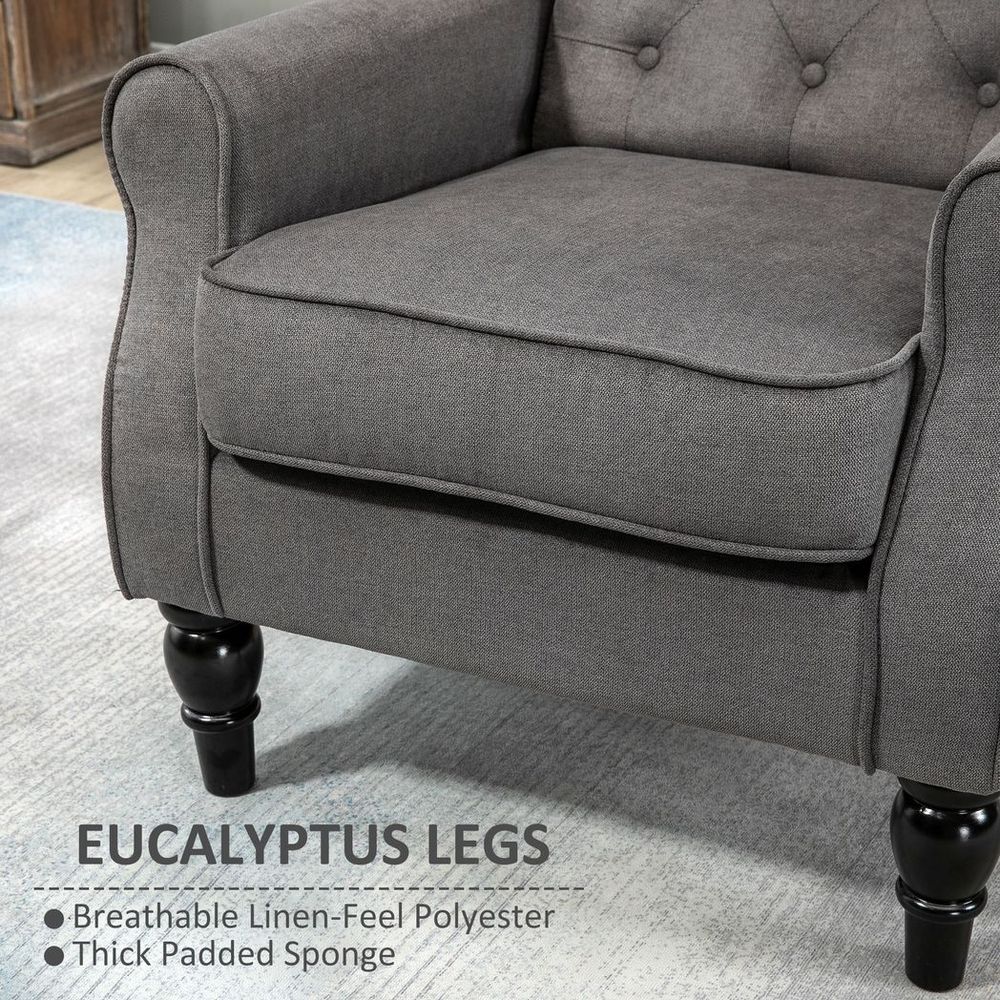 Wood Frame Accent Armchair - Retro Tufted Club Chair - Dark Grey Fabric - Home Furniture
