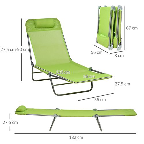 2 Piece Folding Sun Loungers with Adjustable Backrest, Pillow, Green
